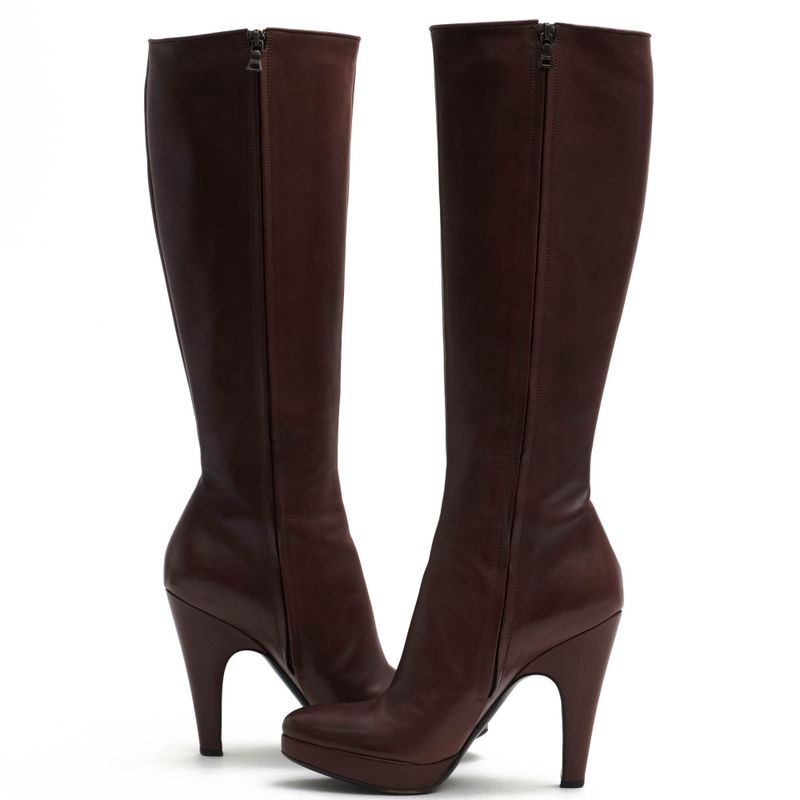 Prada Long Boots Shoes Women Leather Genuine Brown Side Zip High Heel