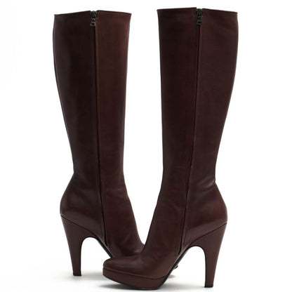 Prada Long Boots Shoes Women Leather Genuine Brown Side Zip High Heel