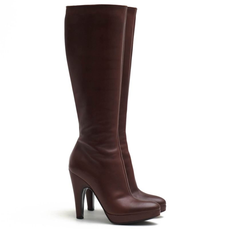 Prada Long Boots Shoes Women Leather Genuine Brown Side Zip High Heel