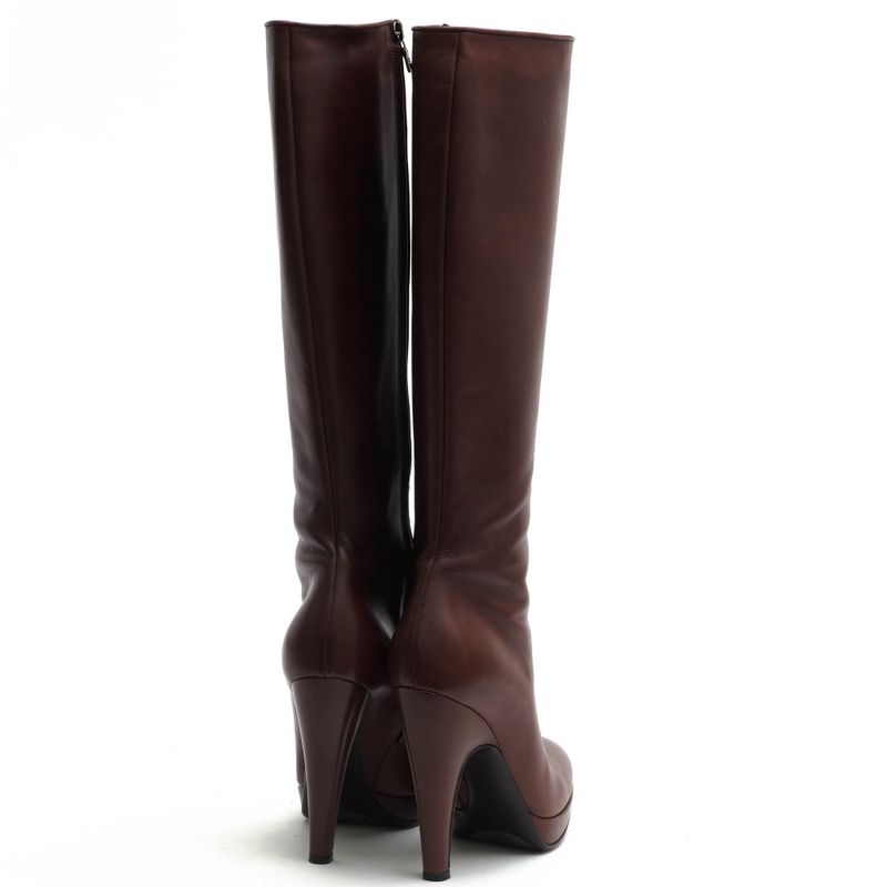 Prada Long Boots Shoes Women Leather Genuine Brown Side Zip High Heel