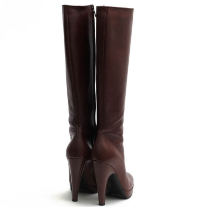 Prada Long Boots Shoes Women Leather Genuine Brown Side Zip High Heel