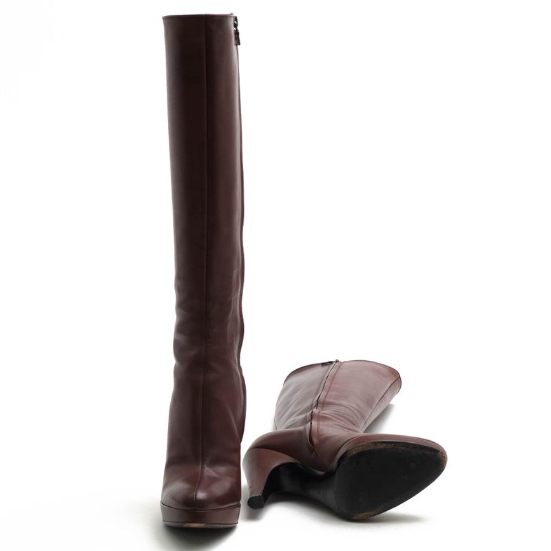 Prada Long Boots Shoes Women Leather Genuine Brown Side Zip High Heel
