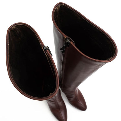 Prada Long Boots Shoes Women Leather Genuine Brown Side Zip High Heel