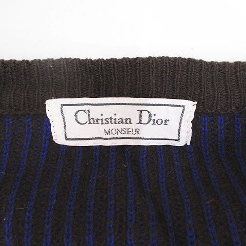 Christian DIOR Monsieur Striped Long-sleeved Knit Cardigan M Brown Dark Brown
