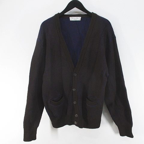 Christian DIOR Monsieur Striped Long-sleeved Knit Cardigan M Brown Dark Brown