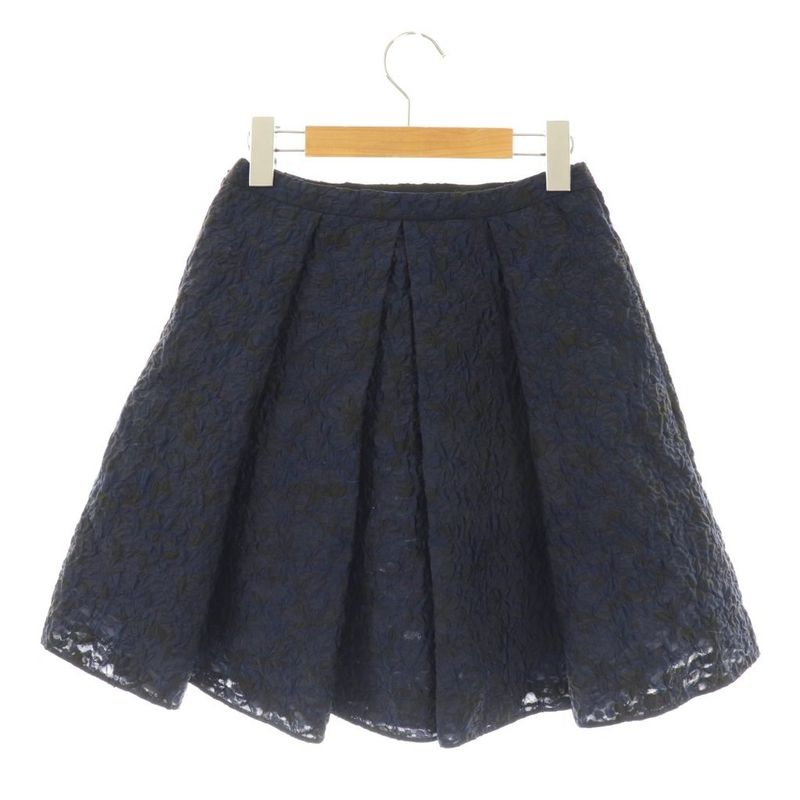 Christian DIOR Jacquard Tuck Volume Skirt Knee Length Flared 36 Navy Blue Black