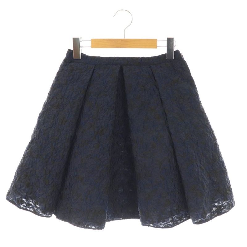 Christian DIOR Jacquard Tuck Volume Skirt Knee Length Flared 36 Navy Blue Black