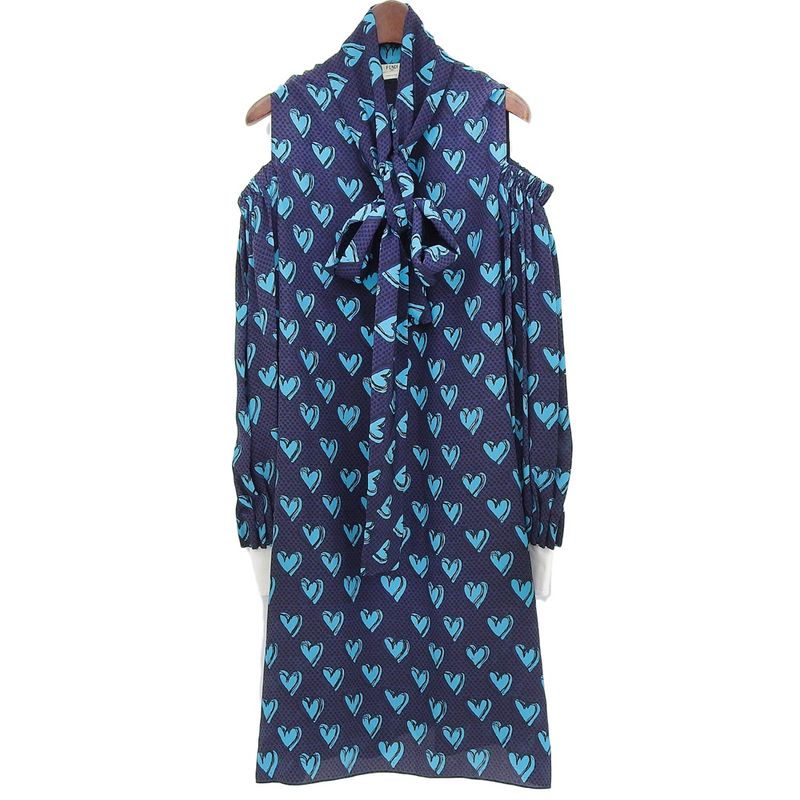 Fendi Heart Pattern Bow Tie Silk Shirt Dress Women Navy 40 Fd9757 A3N2 40