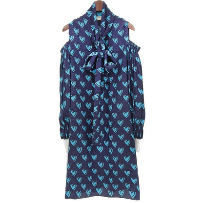 Fendi Heart Pattern Bow Tie Silk Shirt Dress Women Navy 40 Fd9757 A3N2 40