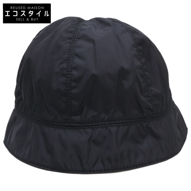 Prada [] Logo Embroidery Leather Belt Nylon Bucket Hat M