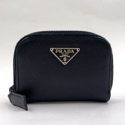Prada Triangle Logo Coin Case Leather Black Wallet Silver