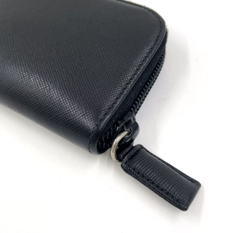 Prada Triangle Logo Coin Case Leather Black Wallet Silver