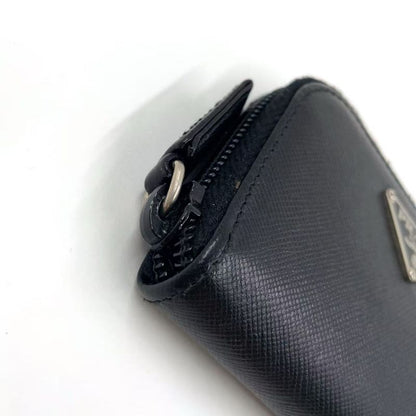 Prada Triangle Logo Coin Case Leather Black Wallet Silver