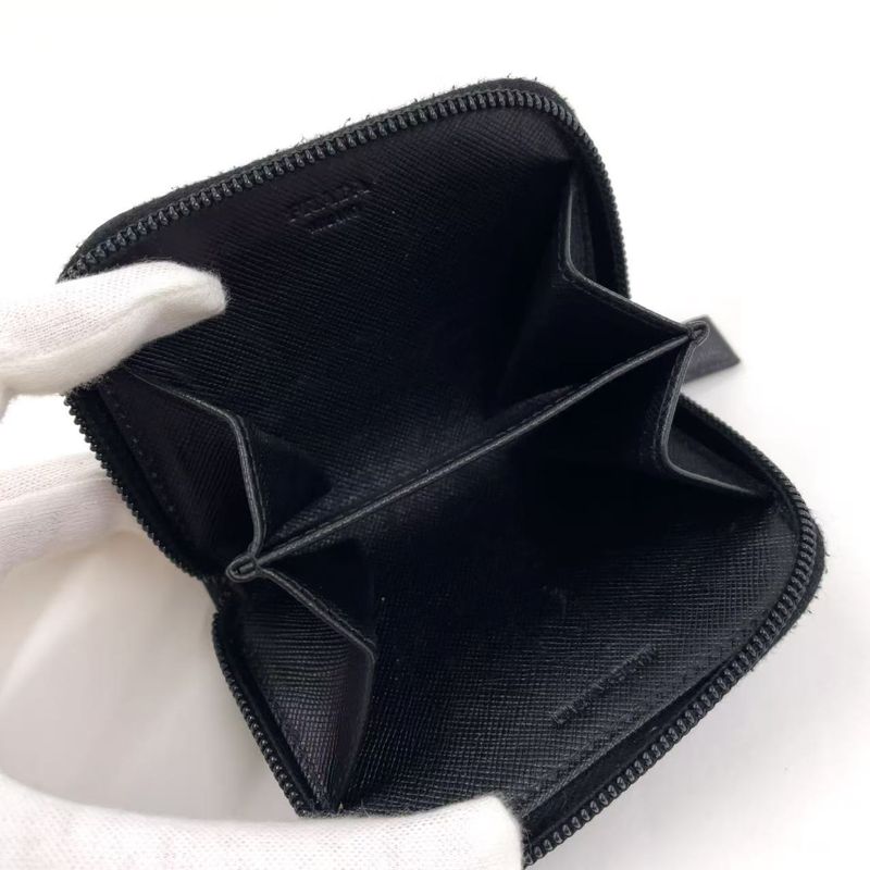 Prada Triangle Logo Coin Case Leather Black Wallet Silver