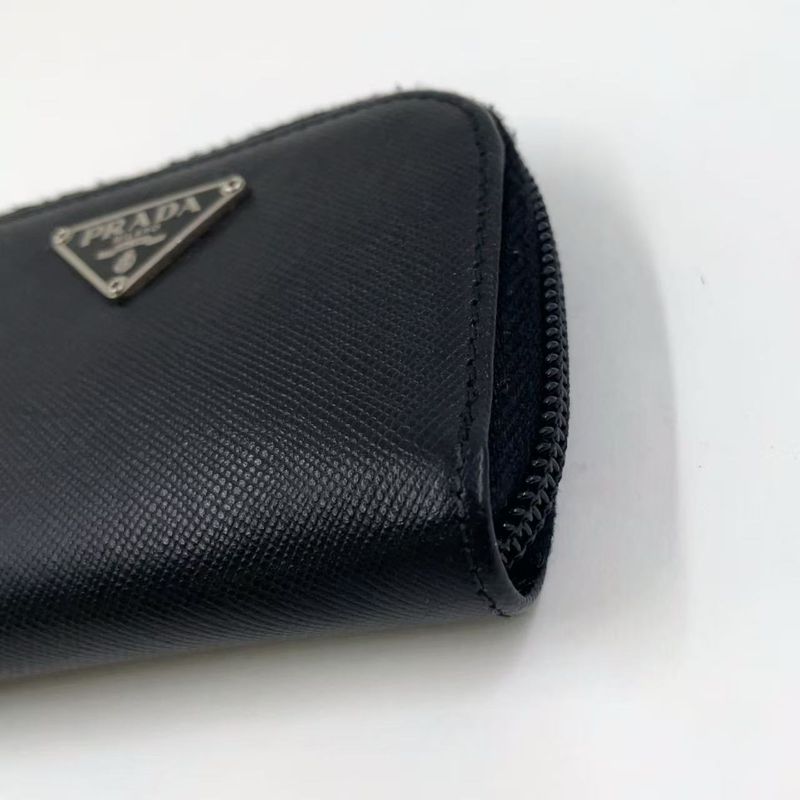 Prada Triangle Logo Coin Case Leather Black Wallet Silver