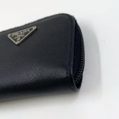 Prada Triangle Logo Coin Case Leather Black Wallet Silver