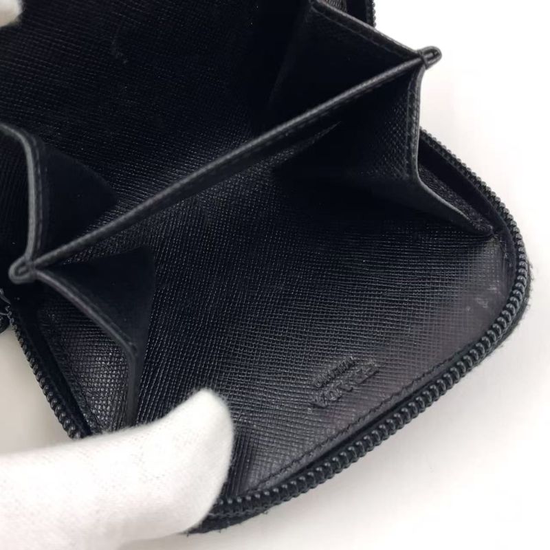 Prada Triangle Logo Coin Case Leather Black Wallet Silver