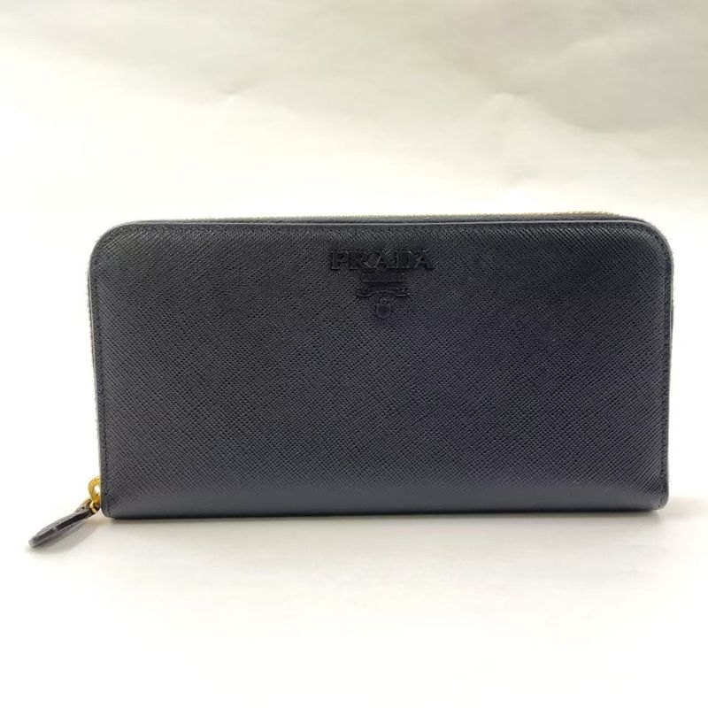 Prada Metal Prada Logo Round Zip Leather Black Long Wallet Gold