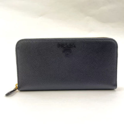Prada Metal Prada Logo Round Zip Leather Black Long Wallet Gold