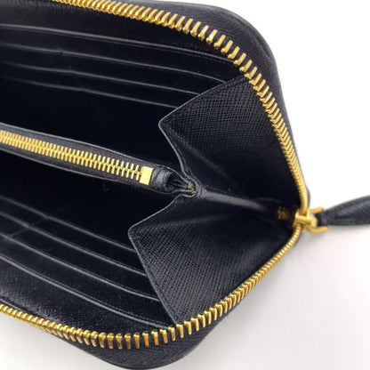 Prada Metal Prada Logo Round Zip Leather Black Long Wallet Gold