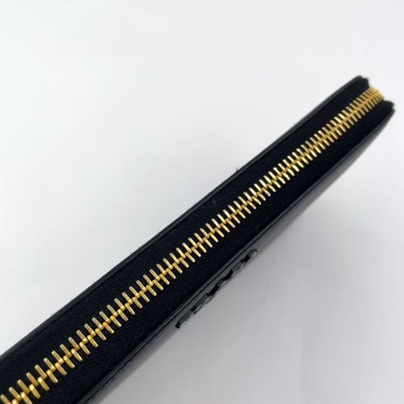 Prada Metal Prada Logo Round Zip Leather Black Long Wallet Gold