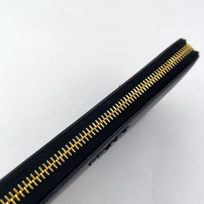 Prada Metal Prada Logo Round Zip Leather Black Long Wallet Gold