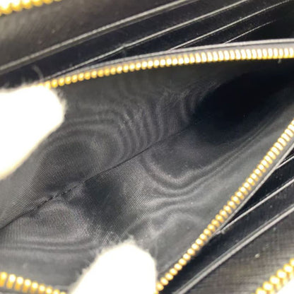 Prada Metal Prada Logo Round Zip Leather Black Long Wallet Gold