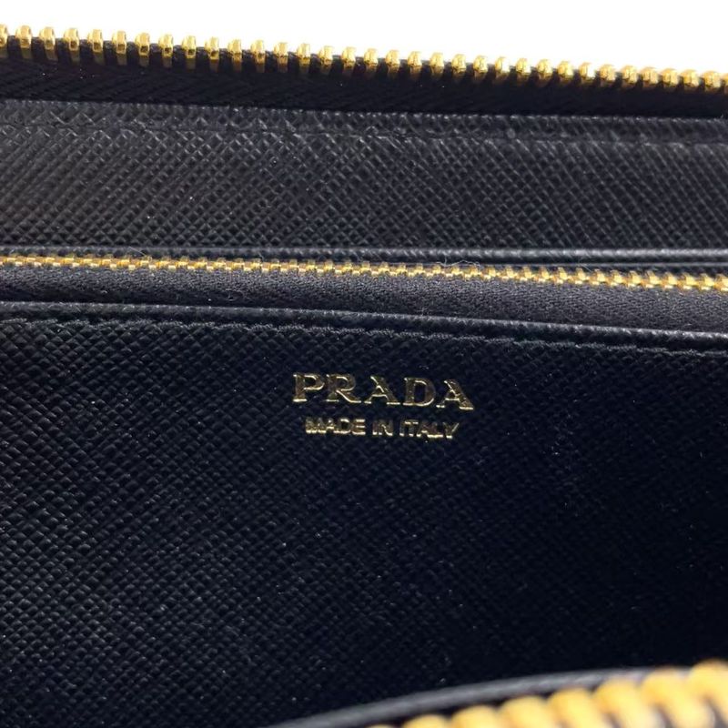 Prada Metal Prada Logo Round Zip Leather Black Long Wallet Gold