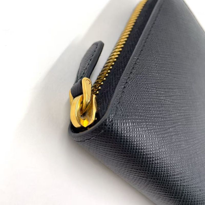 Prada Metal Prada Logo Round Zip Leather Black Long Wallet Gold