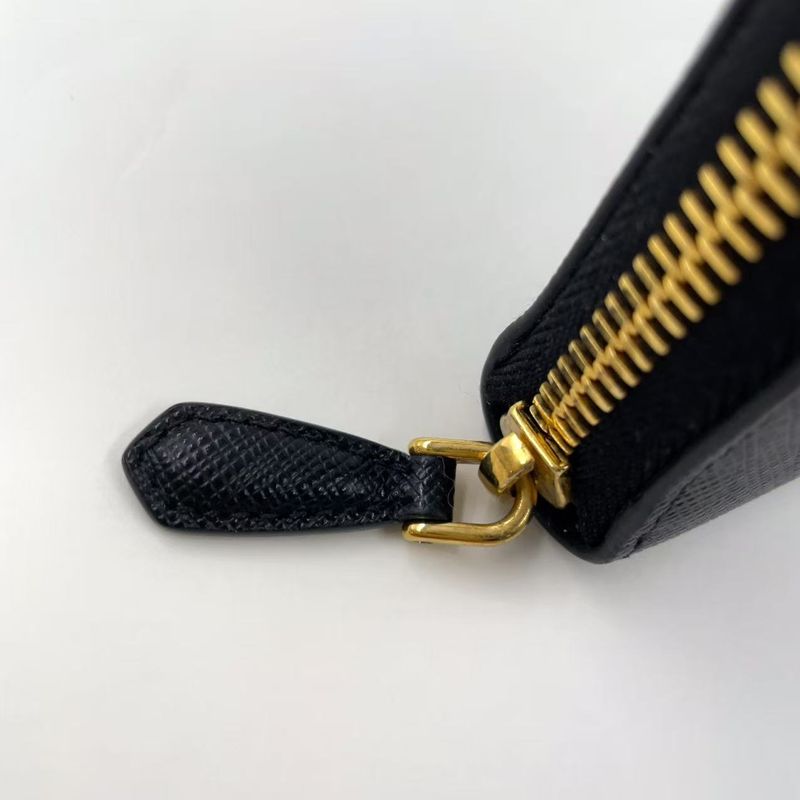 Prada Metal Prada Logo Round Zip Leather Black Long Wallet Gold