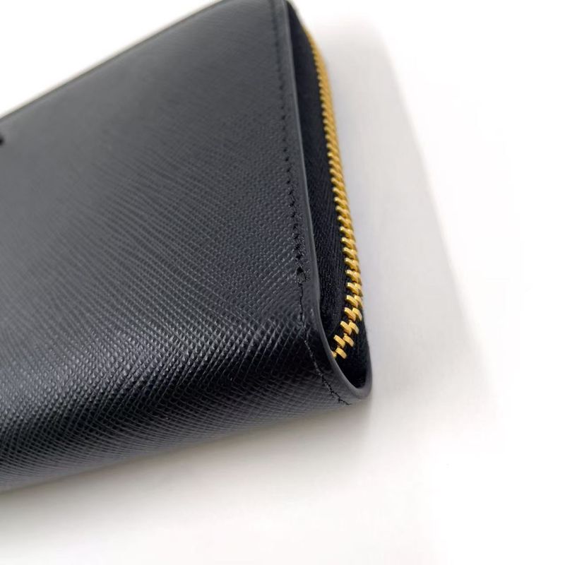 Prada Metal Prada Logo Round Zip Leather Black Long Wallet Gold
