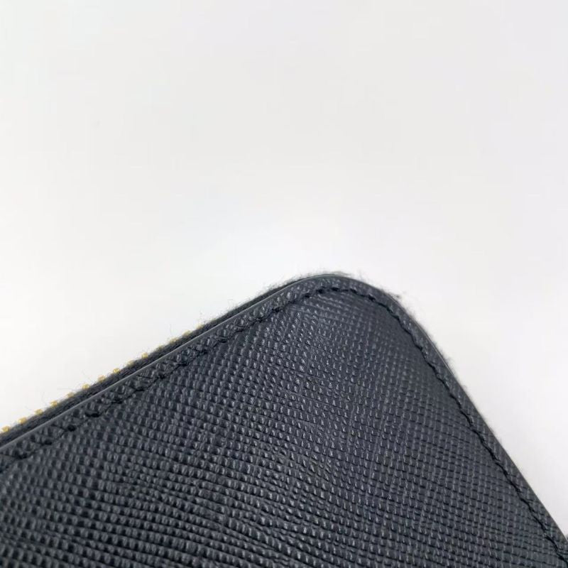 Prada Metal Prada Logo Round Zip Leather Black Long Wallet Gold