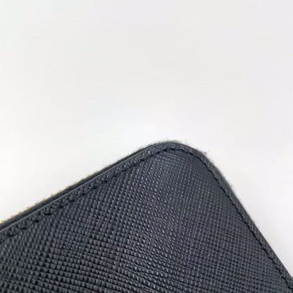 Prada Metal Prada Logo Round Zip Leather Black Long Wallet Gold
