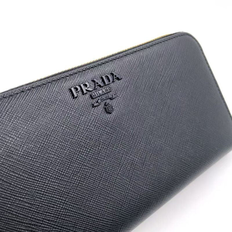 Prada Metal Prada Logo Round Zip Leather Black Long Wallet Gold