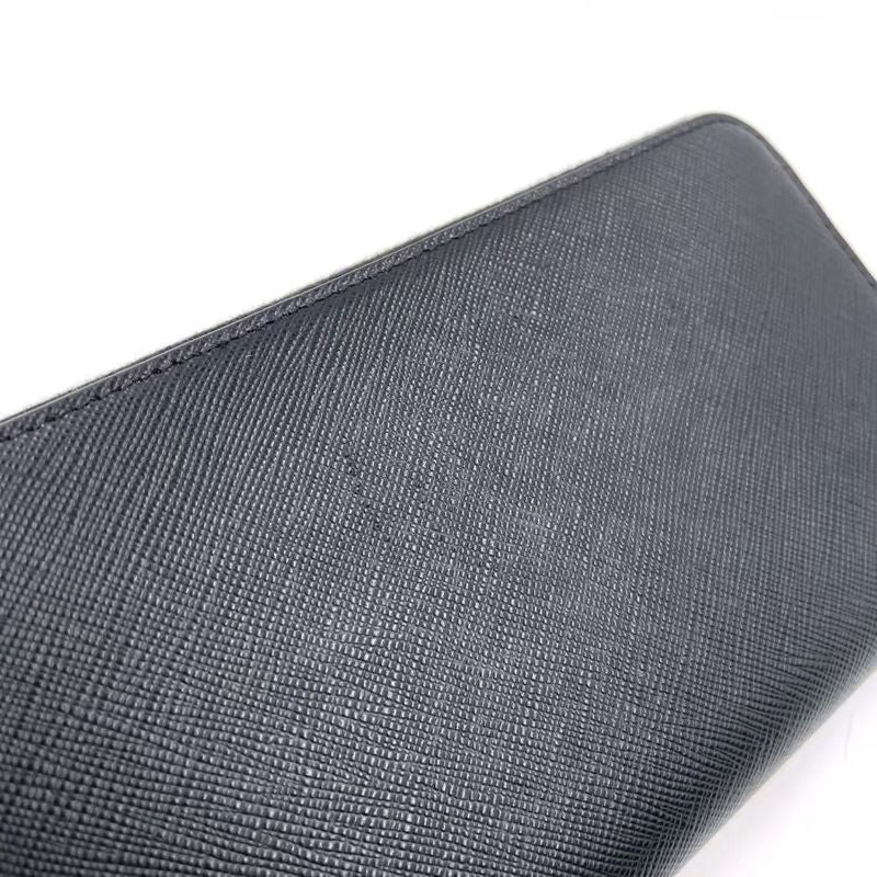 Prada Metal Prada Logo Round Zip Leather Black Long Wallet Gold