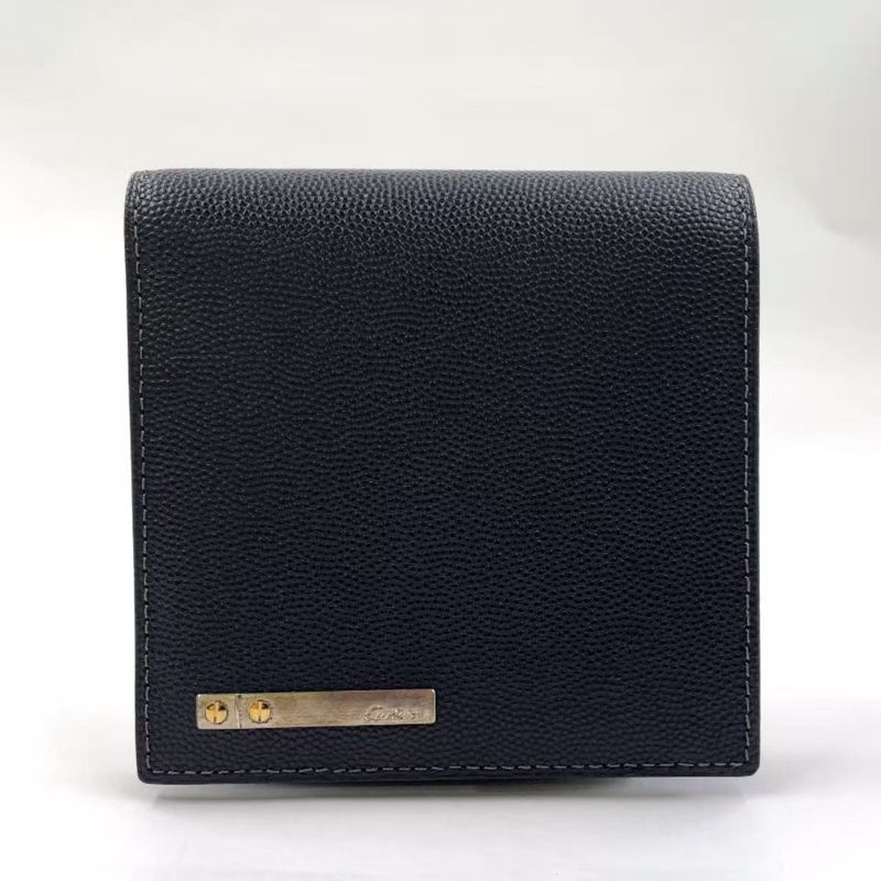 Cartier Santos Logo Plate Fold Leather Black Wallet Silver