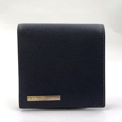 Cartier Santos Logo Plate Fold Leather Black Wallet Silver