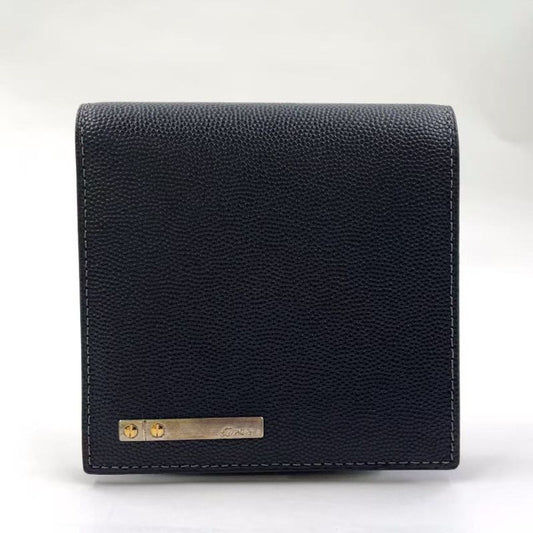 Cartier Santos Logo Plate Fold Leather Black Wallet Silver