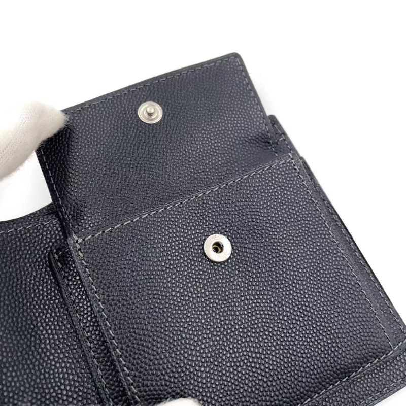 Cartier Santos Logo Plate Fold Leather Black Wallet Silver