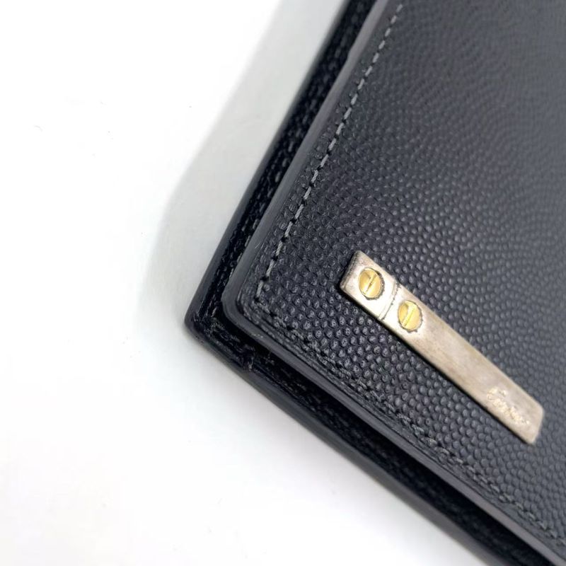Cartier Santos Logo Plate Fold Leather Black Wallet Silver