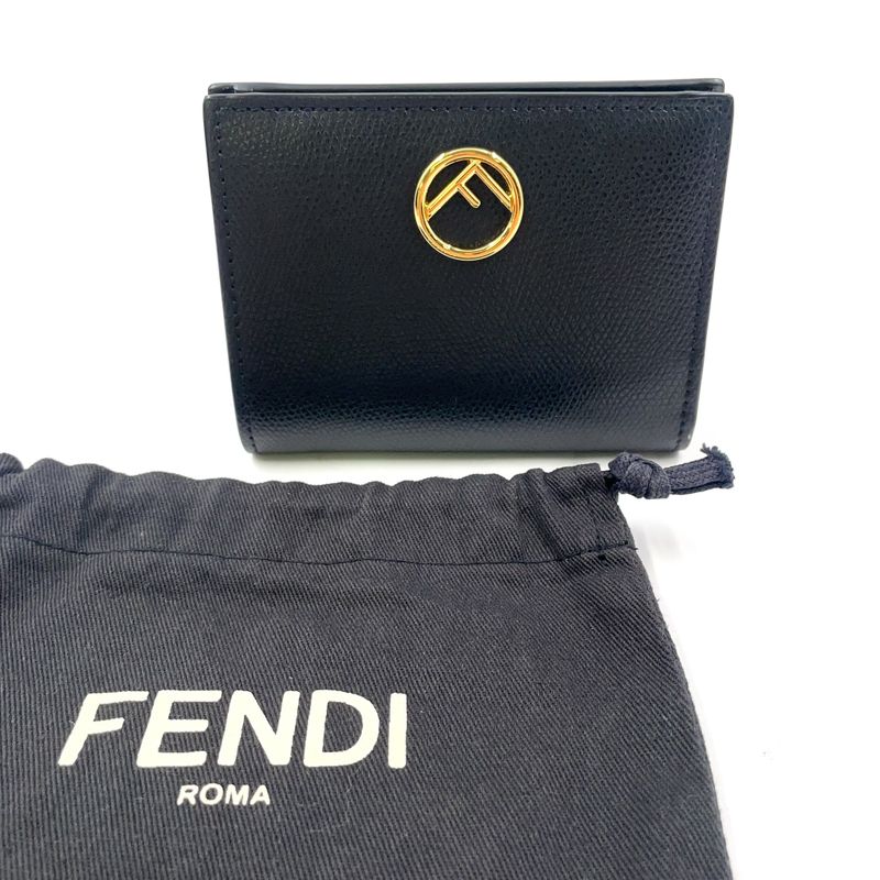 Fendi Compact Wallet Bifold Leather Black Wallet Gold 8m0387-a18b