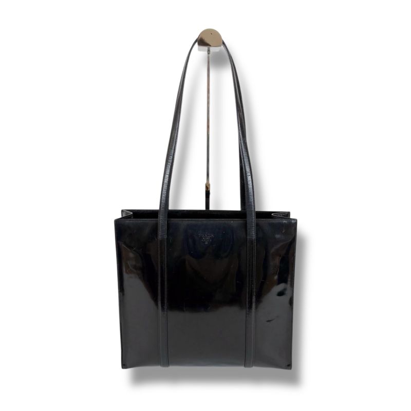 Prada Patent Leather Tote Bag Black Enamel Shoulder