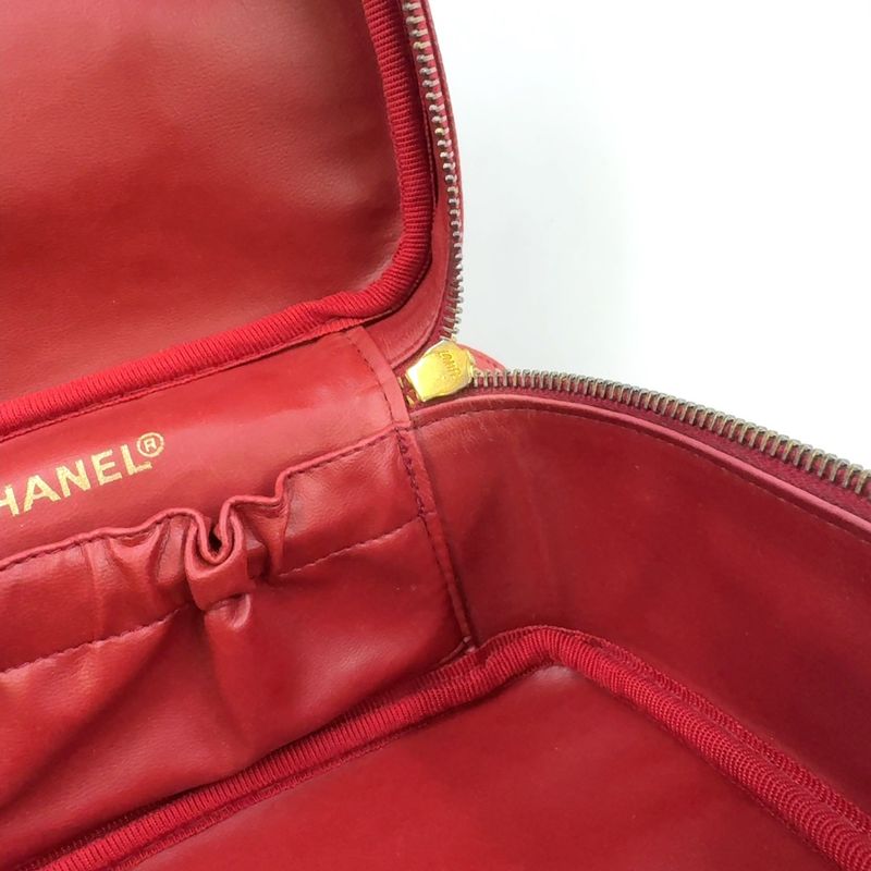 Chanel Coco Mark Vanity Pouch Serial No 3 Caviar Skin Red Handbag Gold