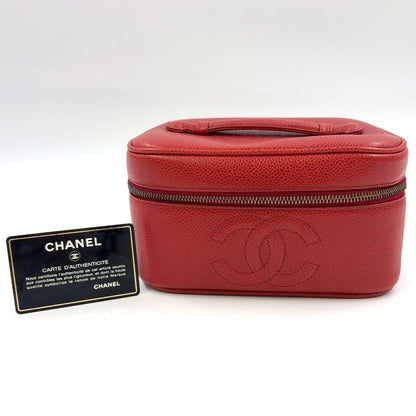 Chanel Coco Mark Vanity Pouch Serial No 3 Caviar Skin Red Handbag Gold