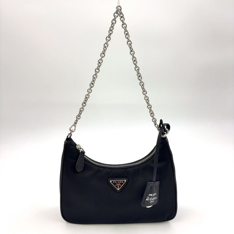 Prada Triangle Logo Plate 2WAY Nylon Black Shoulder Bag Silver