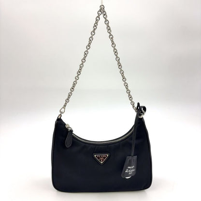 Prada Triangle Logo Plate 2WAY Nylon Black Shoulder Bag Silver