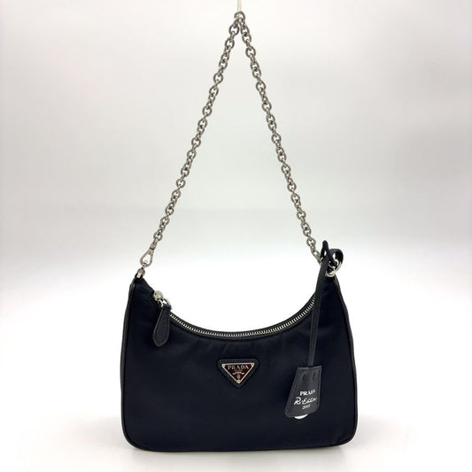 Prada Triangle Logo Plate 2WAY Nylon Black Shoulder Bag Silver