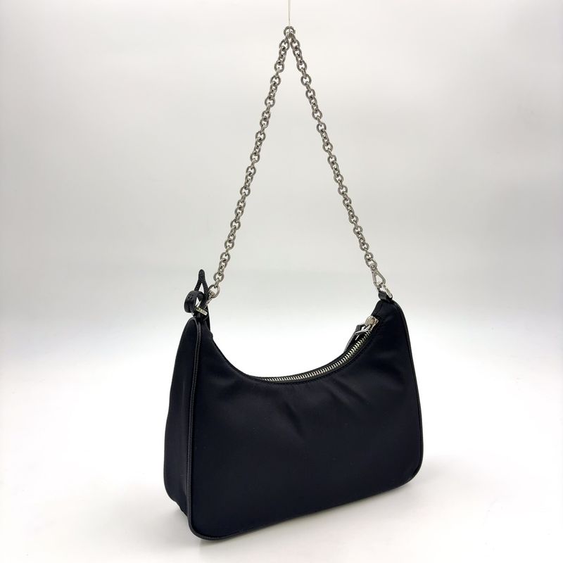 Prada Triangle Logo Plate 2WAY Nylon Black Shoulder Bag Silver