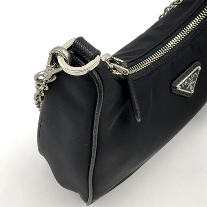 Prada Triangle Logo Plate 2WAY Nylon Black Shoulder Bag Silver