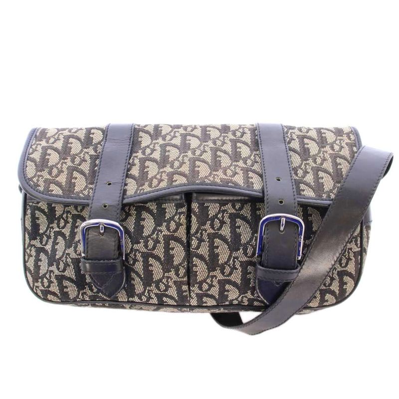Christian DIOR Trotter Canvas Shoulder Bag Leather Switch Logo Bicolor Black